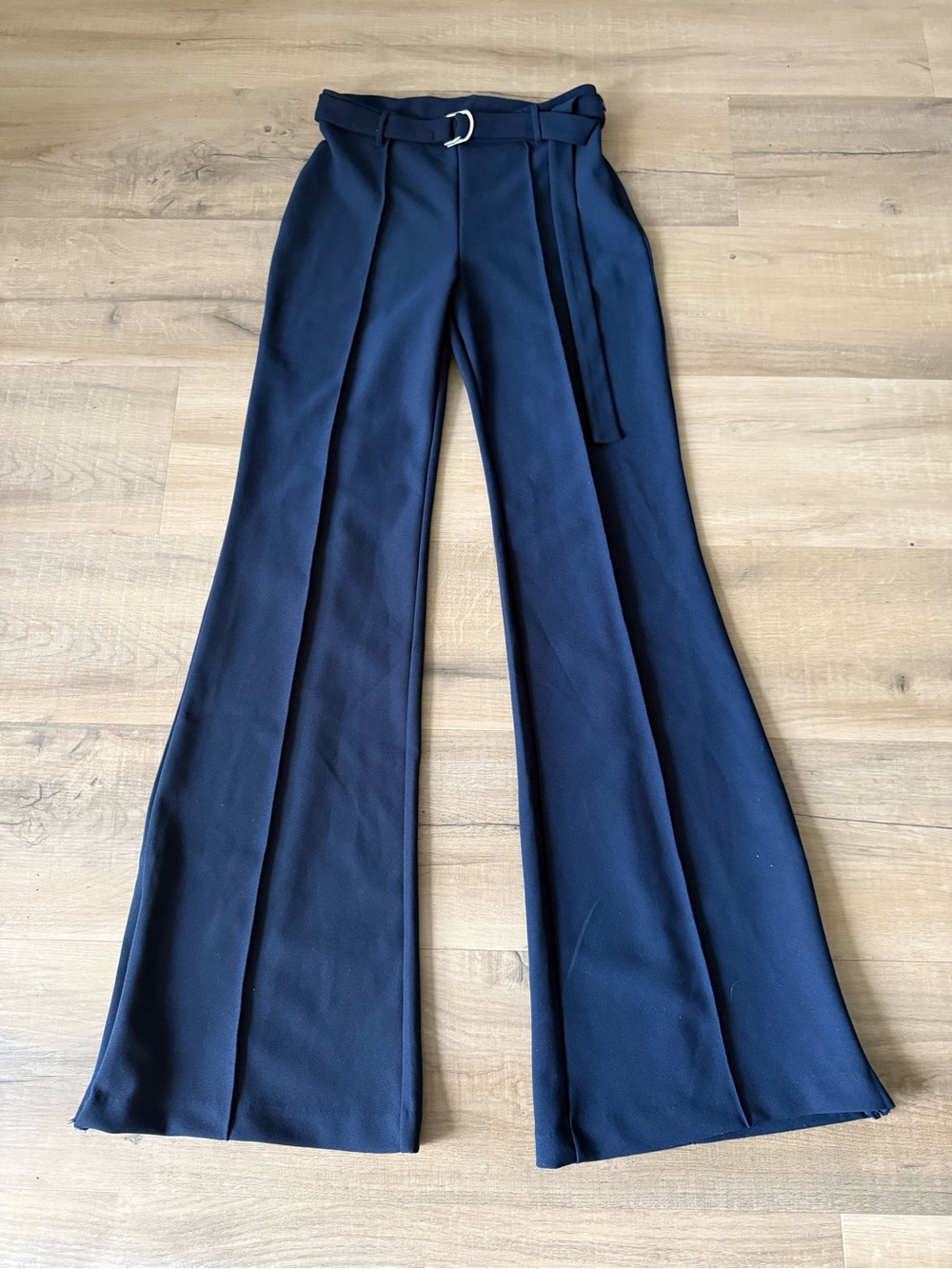 Zara Navy Blue Stretch Crepe Belted Flared Trousers - Small NWT - Picture 5 of 8
